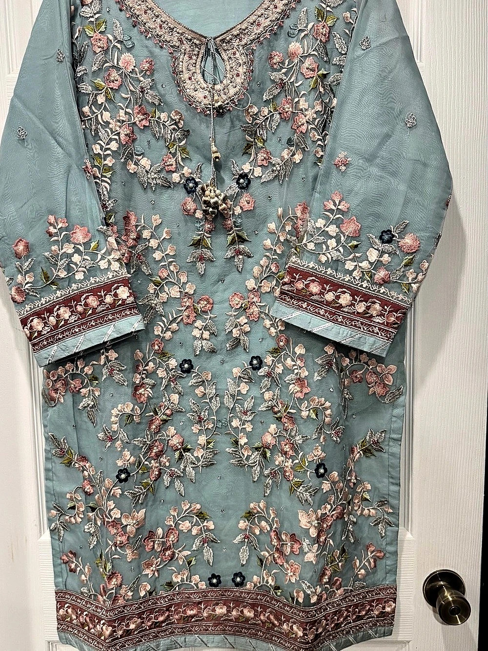 Pakistani light blue outfit Embroidered Kurta Blue & Pink beautiful embroidery a